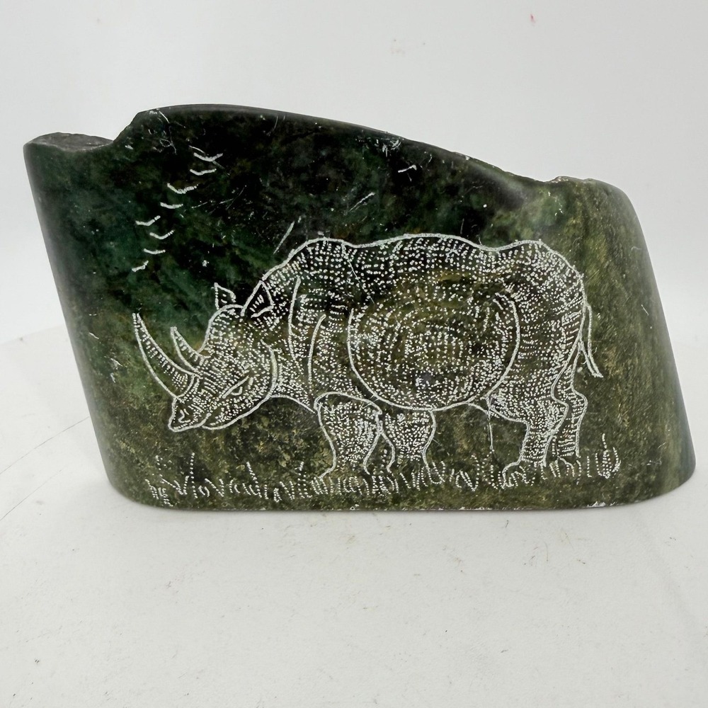 Signed MKHUMALO Hand-Carved Zimbabwe Serpentine Stone Rhino‎ Engraved Art Plaque